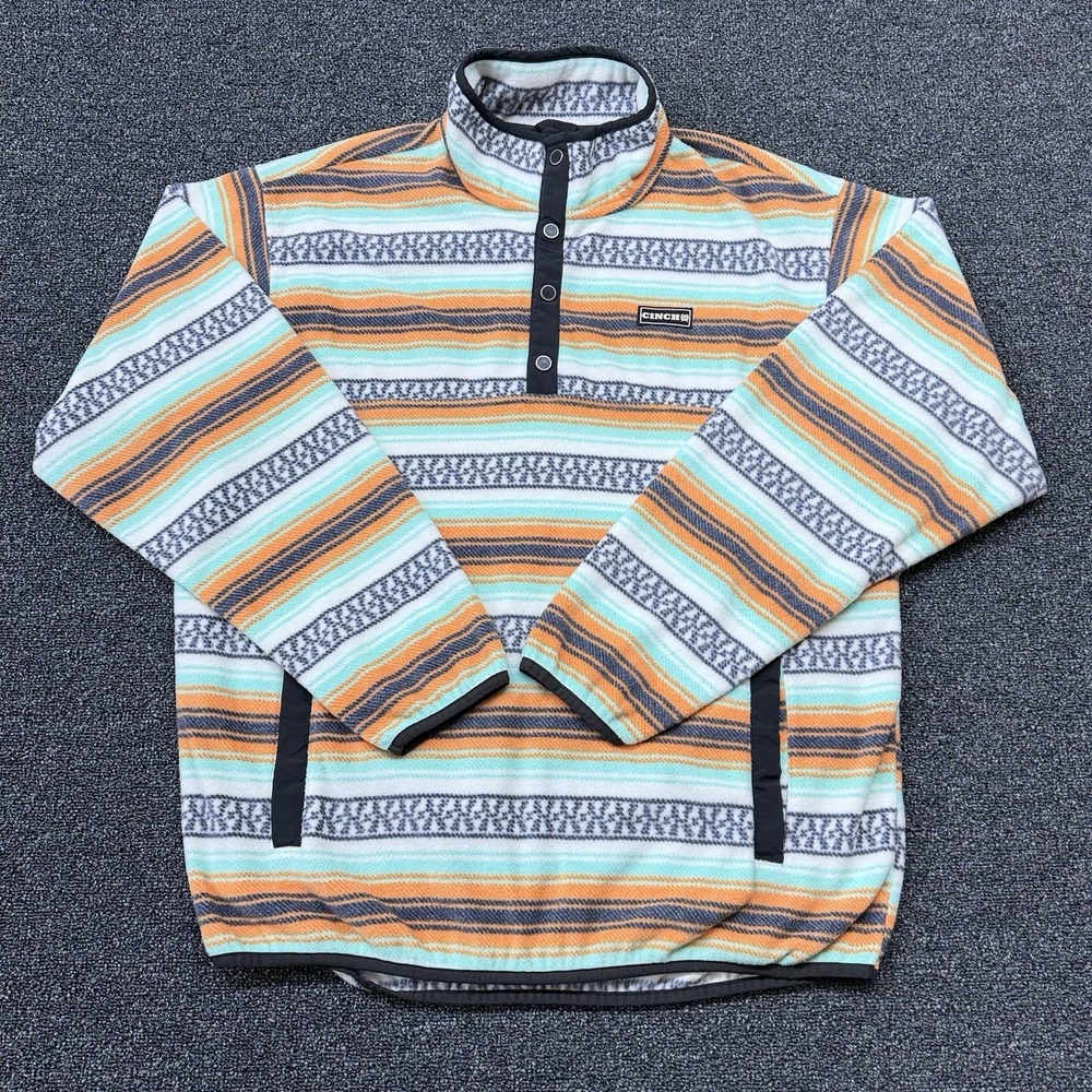 CINCH Mens Large Aztec Stripe Fleece Pullover 1/4 Snap Mock Neck Pockets SW Trim